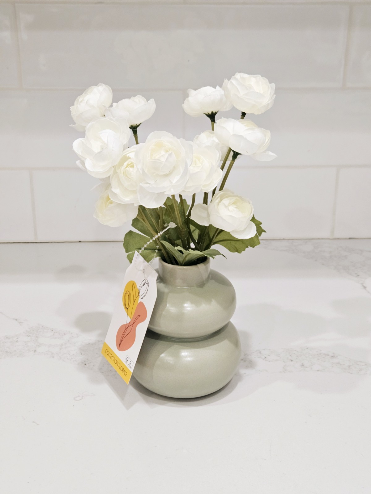 White Ranunculus Floral Arrangement in Green Ceramic Vase 10” Modern Decor