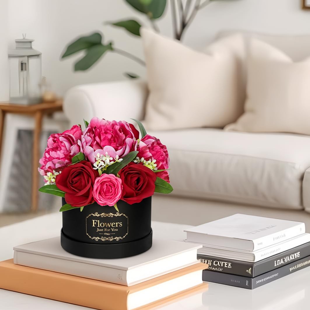 Red Artificial Peonies Roses in Vase Round Gift Box with Fake Flowers