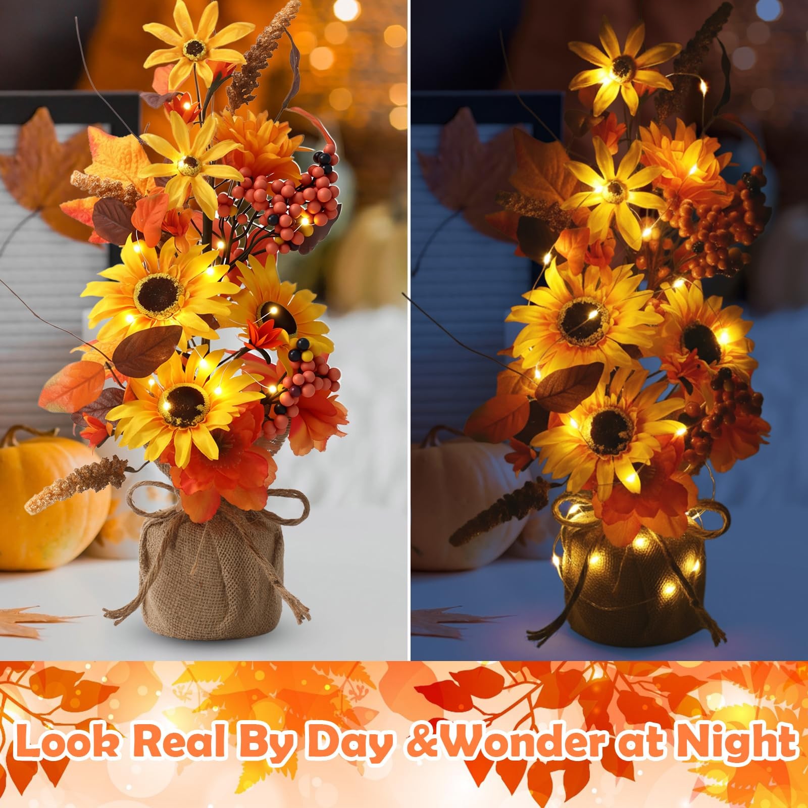 Fall Thanksgiving Centerpieces 16 Inch Lighted Tree Sunflowers Maple Leaves