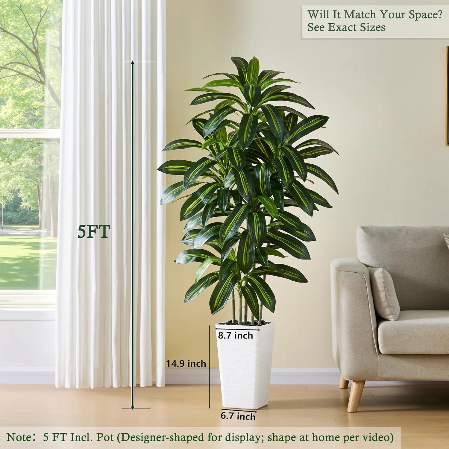 Artificial Dracaena Tree：5FT Faux Silk Tropical Yucca Floor Trees Realistic Fake