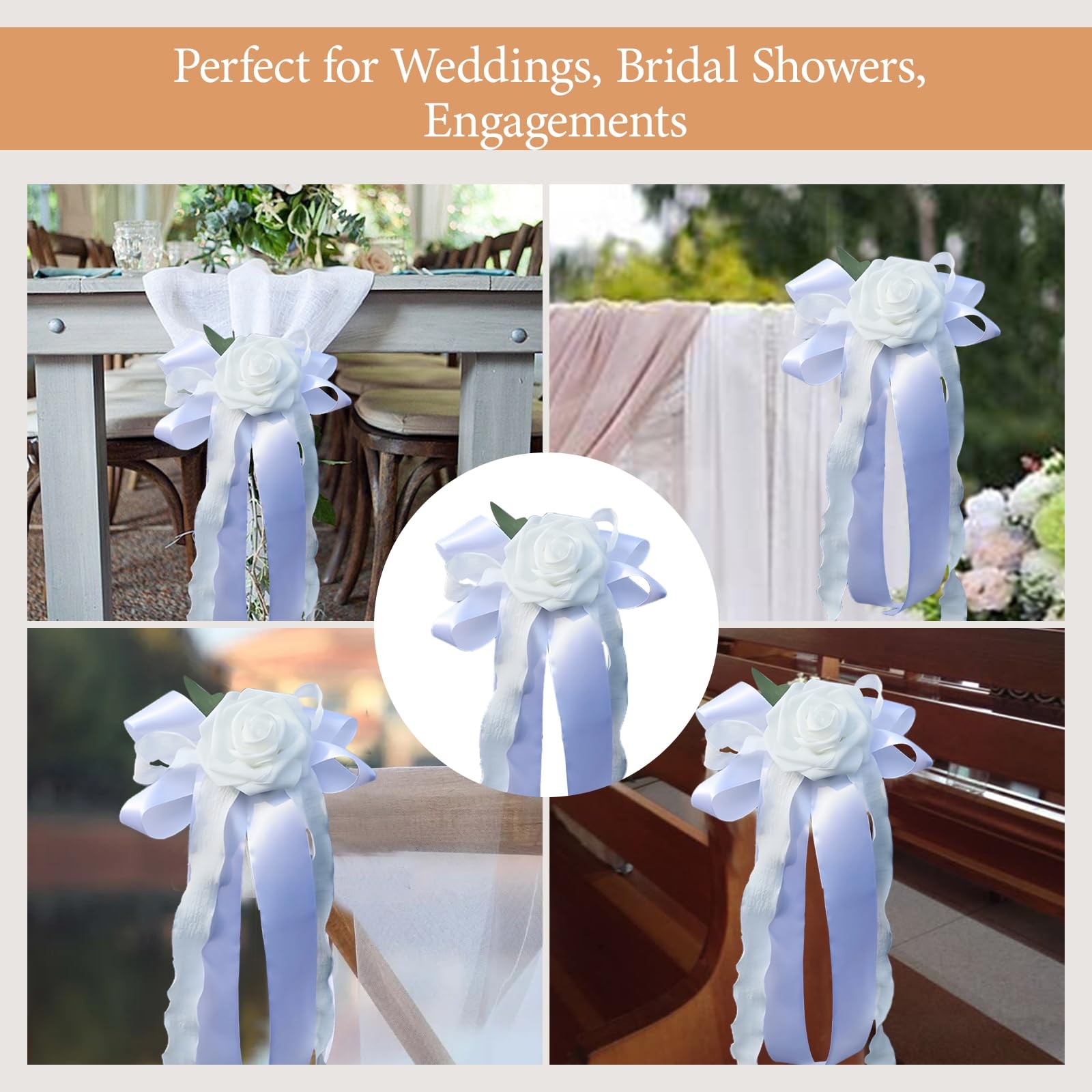 White Artificial Flower Bow, Ribbon, Wedding Car Decor, Door Handle, Rearview