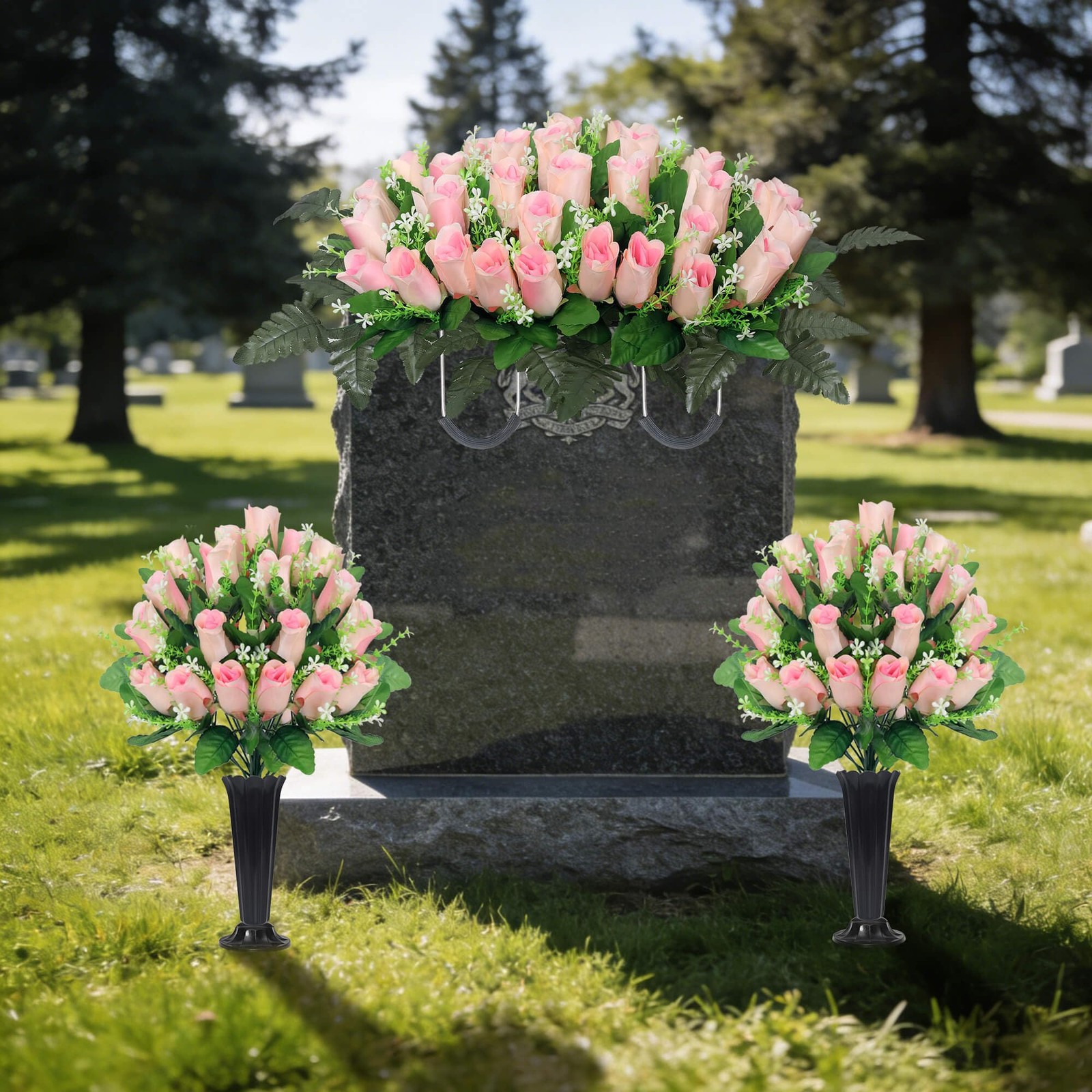Cemetery Flowers for Grave,Headstone Flower Saddle with 2 Sets Grave Rose Flo…