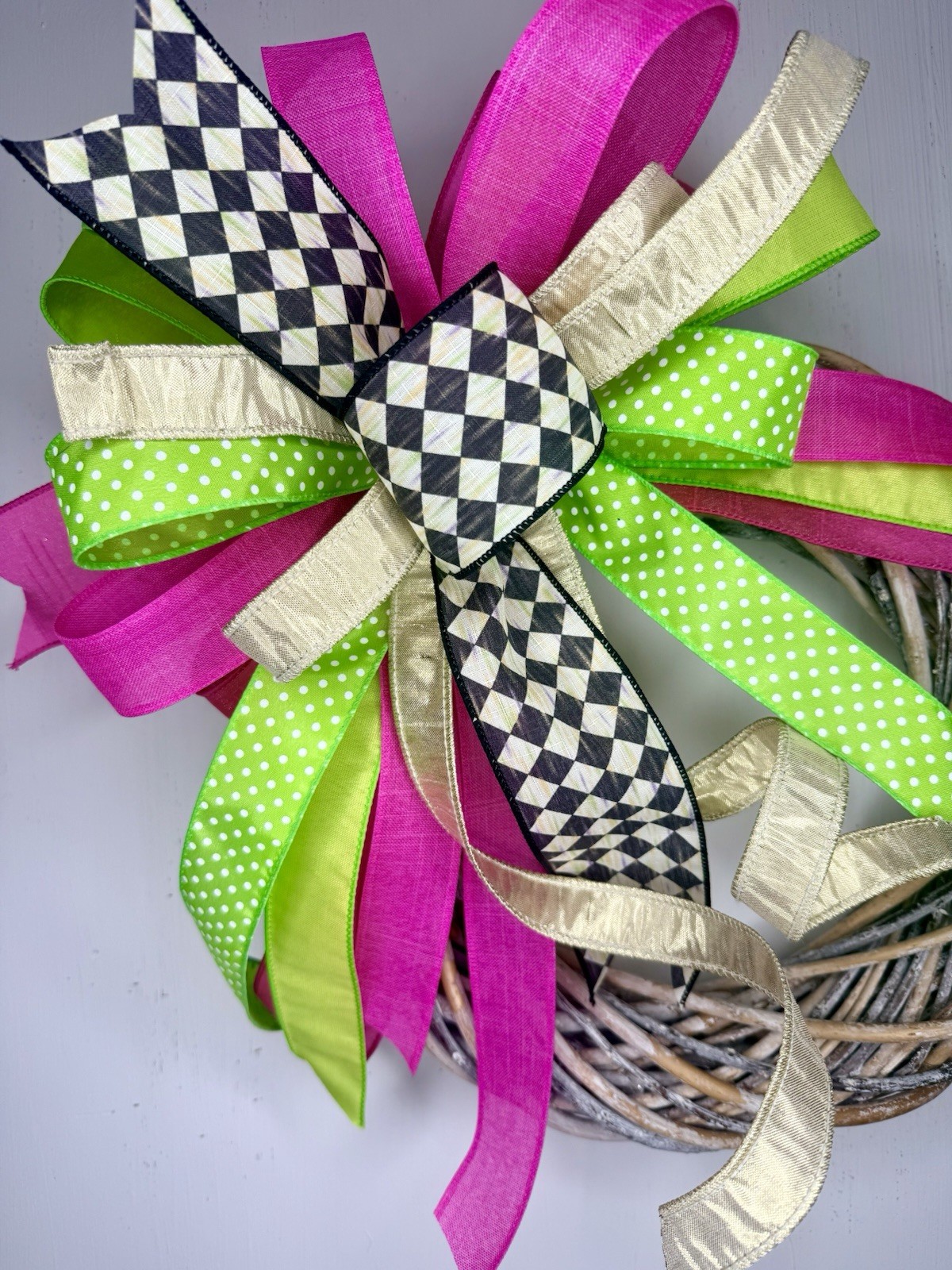 Easter Bow, Spring Bow, Harliquin Ribbon Wreath Decor