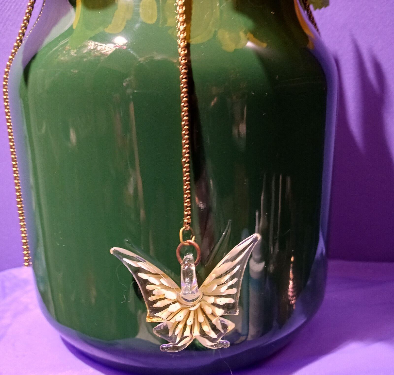 Artificial Flower Arrangement Vintage Green Vase Glass Butterfly On Gold Chain
