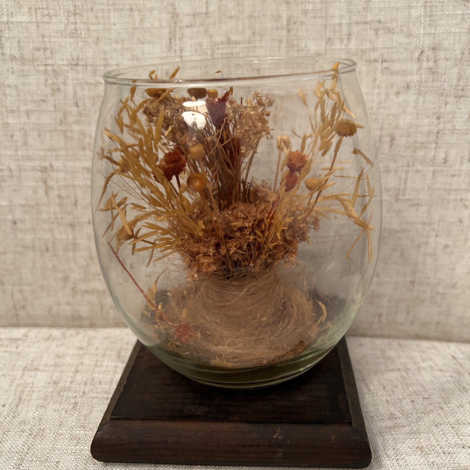 Vintage MCM Glass Terrarium With A Wood Base Dried Flowers Inside