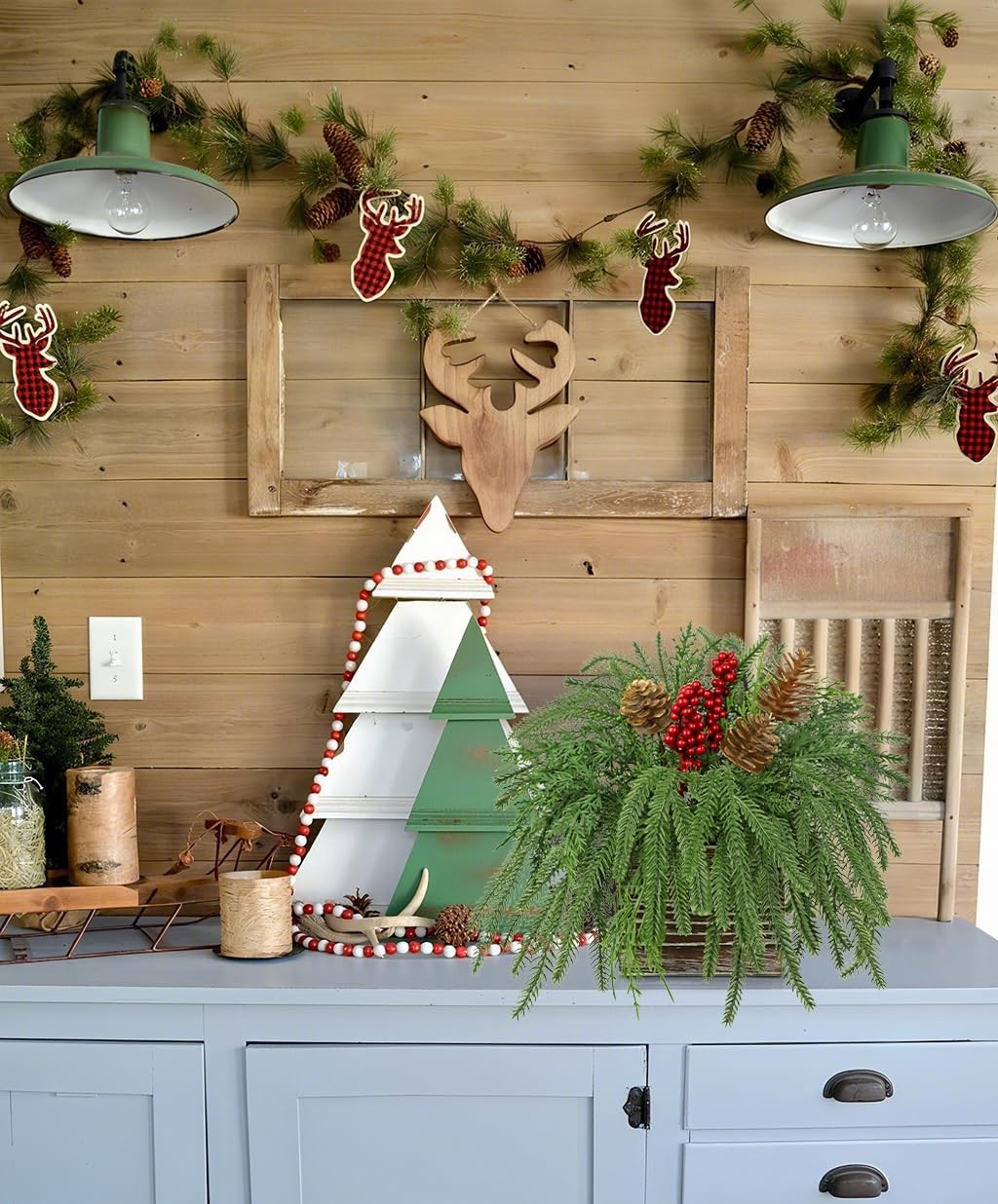 10 Inch Artificial Christmas Norfolk Pine Red Berries Pinecones Wooden Box Faux