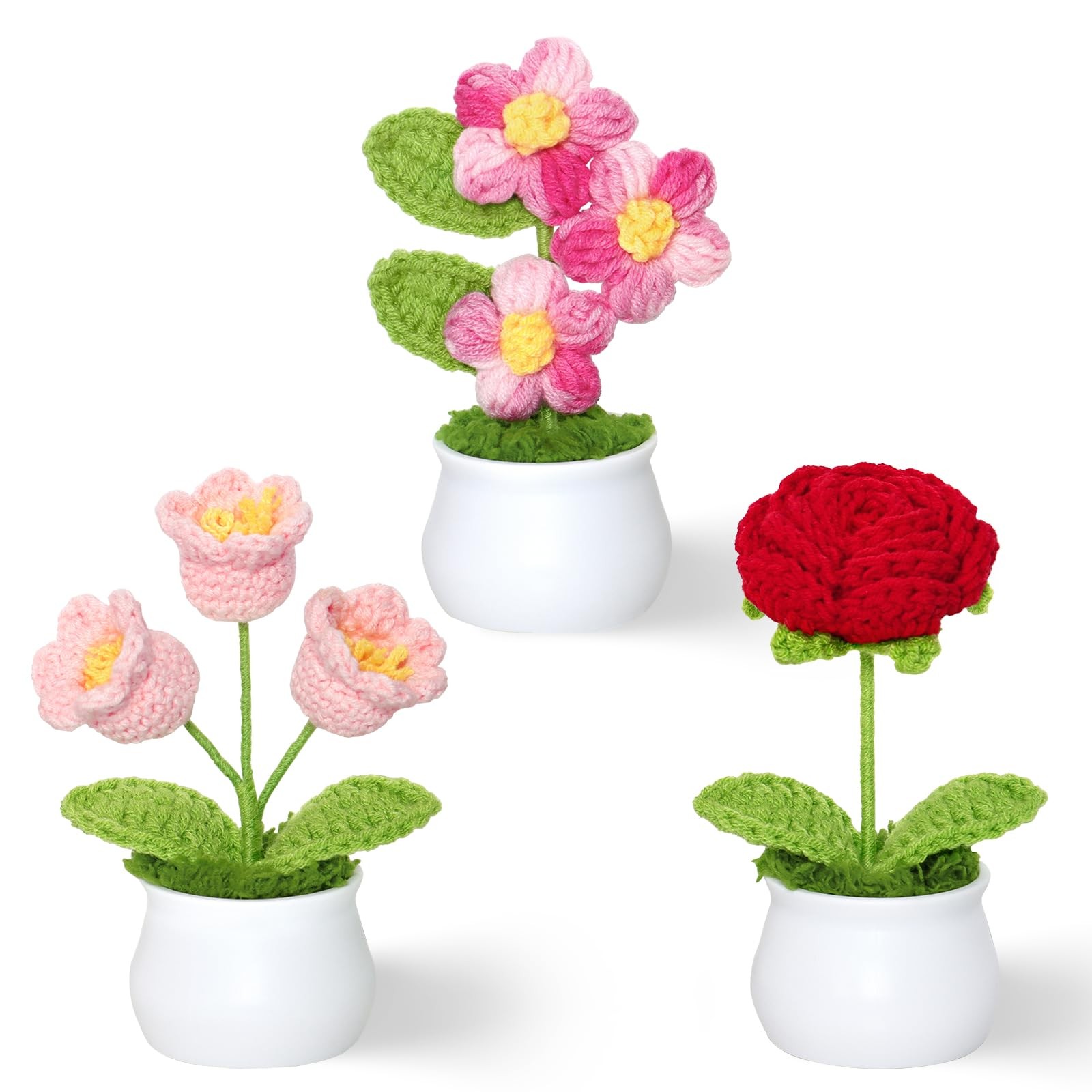 Crochet Flowers Cute Potted Plants Fake Knitted Mini Desk Office Car Decor