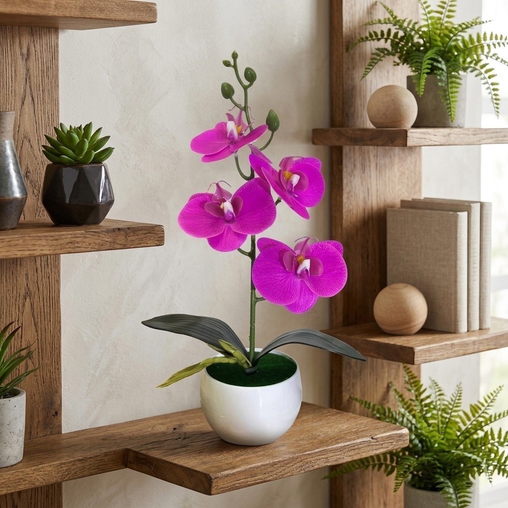 Four Flower Butterfly Orchid Bonsai Simulation in Round Belly Pot Decor