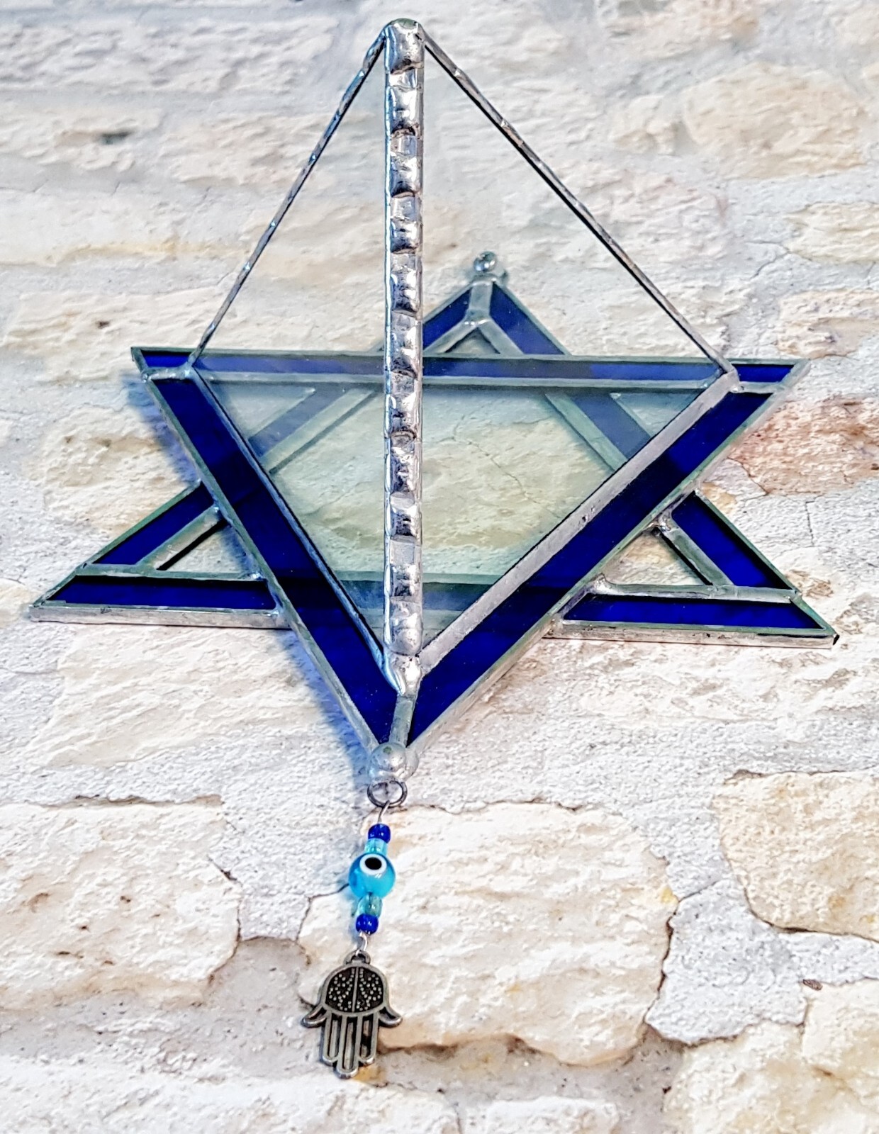 Transparent Terrarium with Blue Frame Stained Glass in shaped Star of David