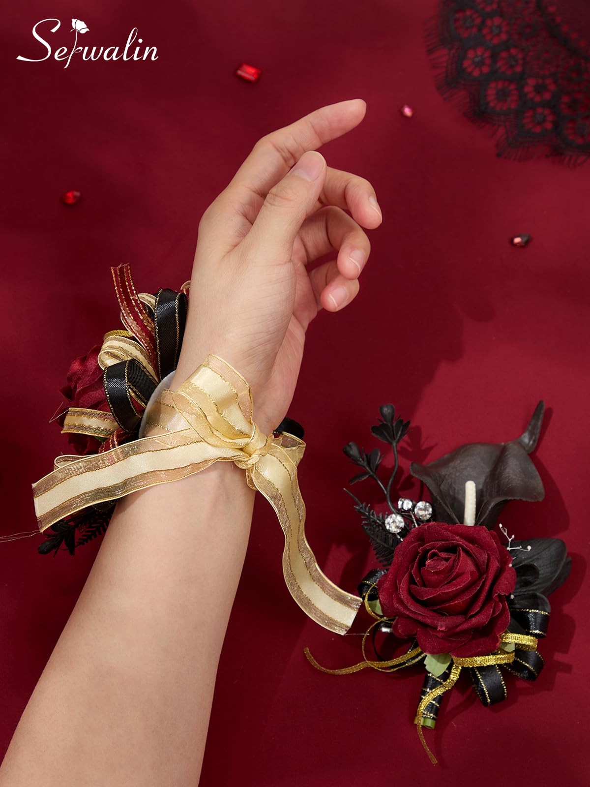 Burgundy Prom Corsage and Boutonniere Set, Artificial Calla Lily Red Rose Wri…