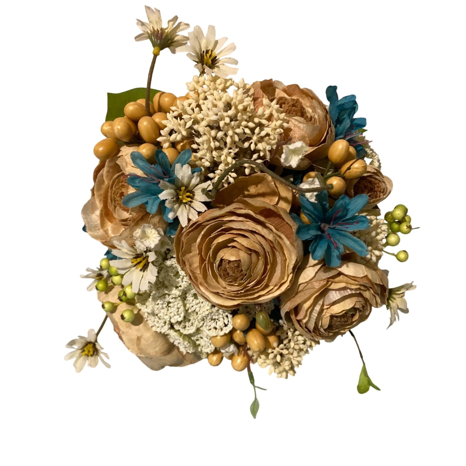 Bridal Flower Bouquet Beige & Blue Blossoms Berry Accents Wedding Or Home Decor