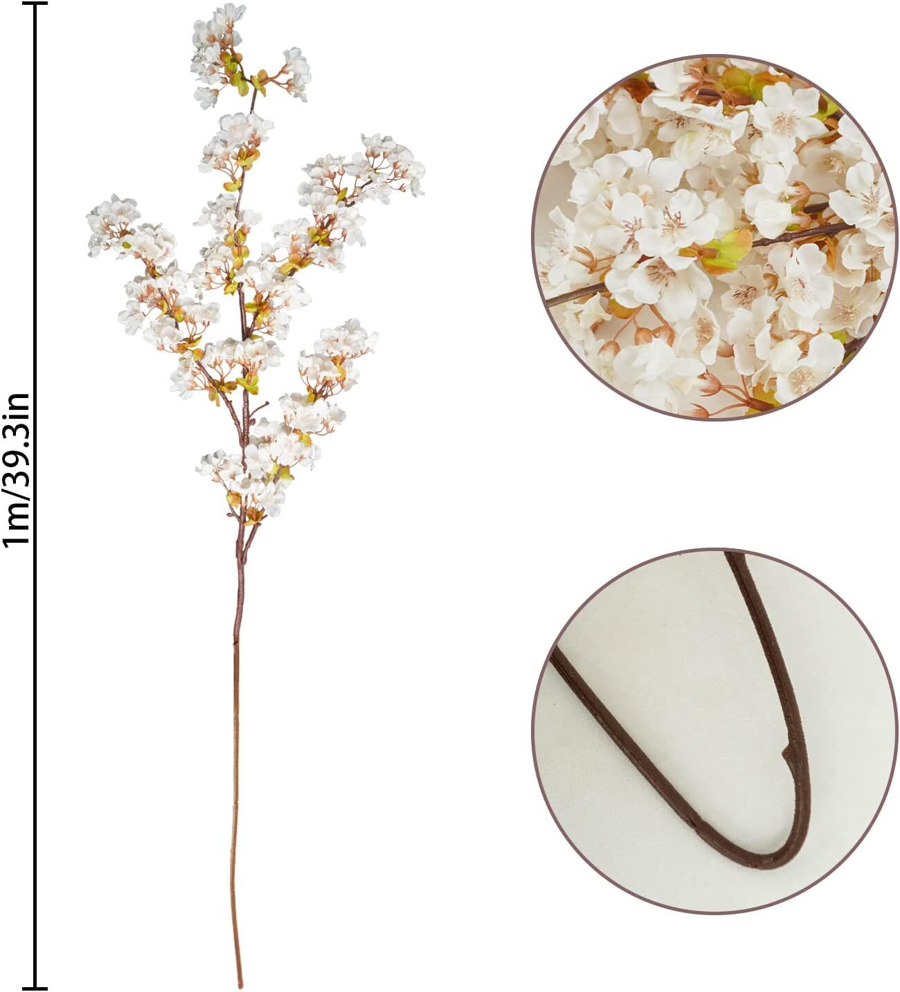 Uieke Silk White Cherry Blossom Branches, 39.3in Artificial Cherry Blossom Stems