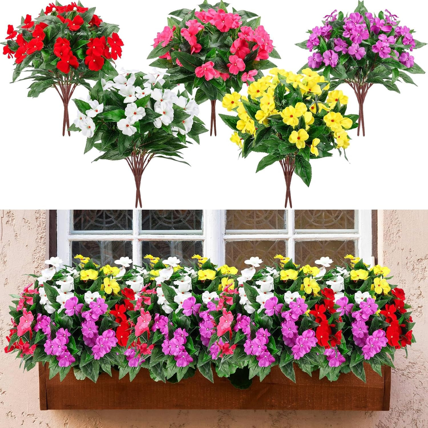 10 Bundles of Colorful Silk Impatiens Flowers for Indoor & Outdoor Decor