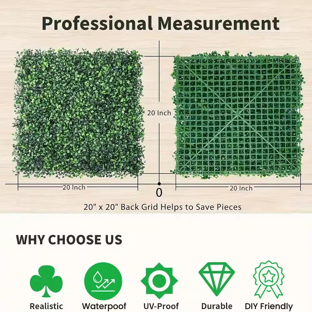 20 In. X 20 In. 12-Pieces Artificial Boxwood Hedge Grass Wall Panel Faux Topiary
