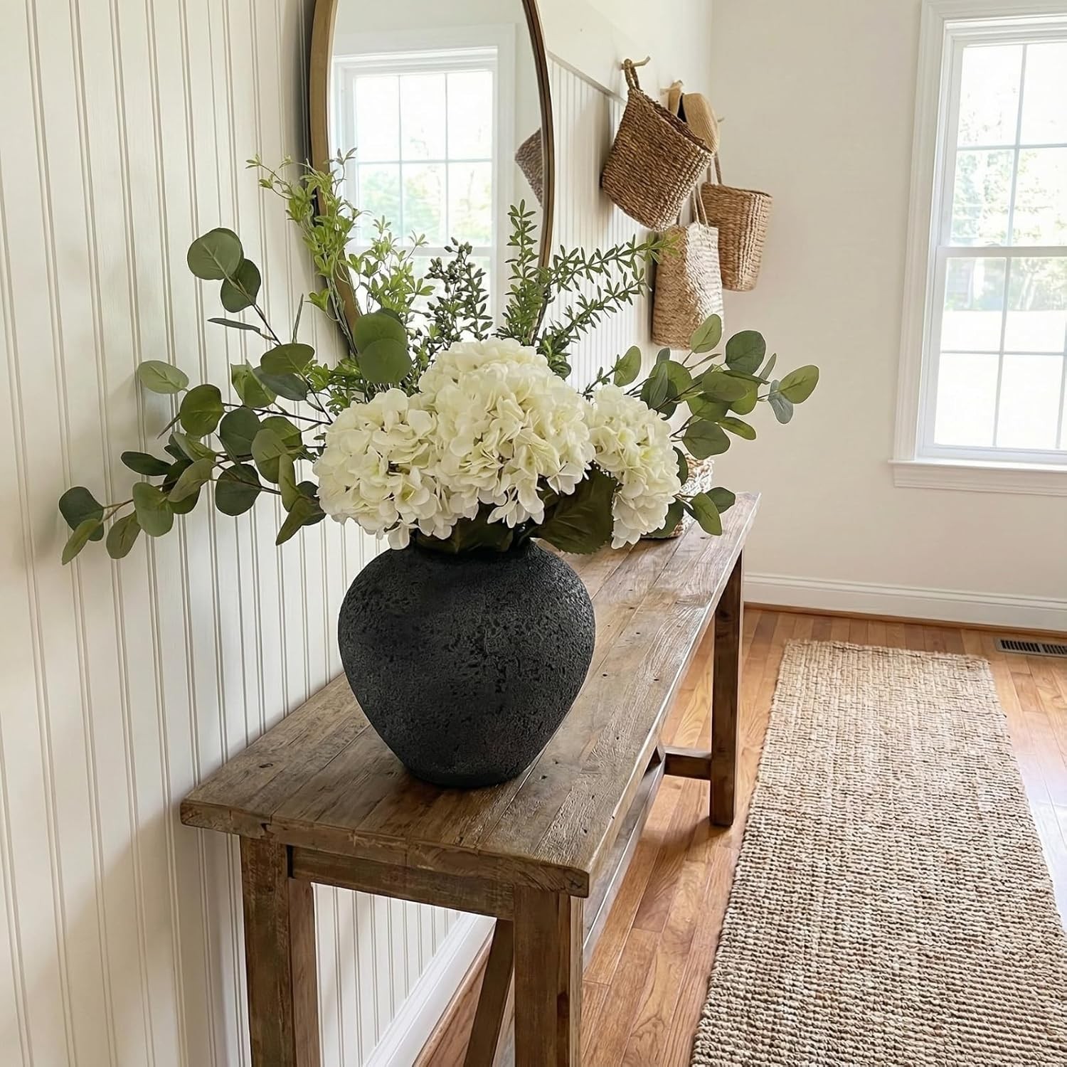Faux Arrangement – Eucalyptus & White Hydrangea Flowers, Large Artificial Floral