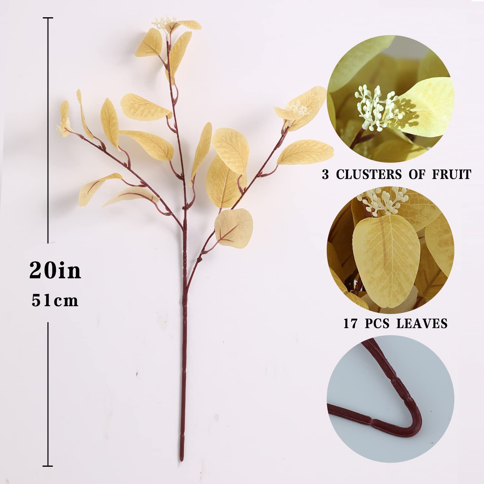 12Pcs Artificial Eucalyptus Stems, 20″ Faux Silk Leaves with Beige Berries Li…