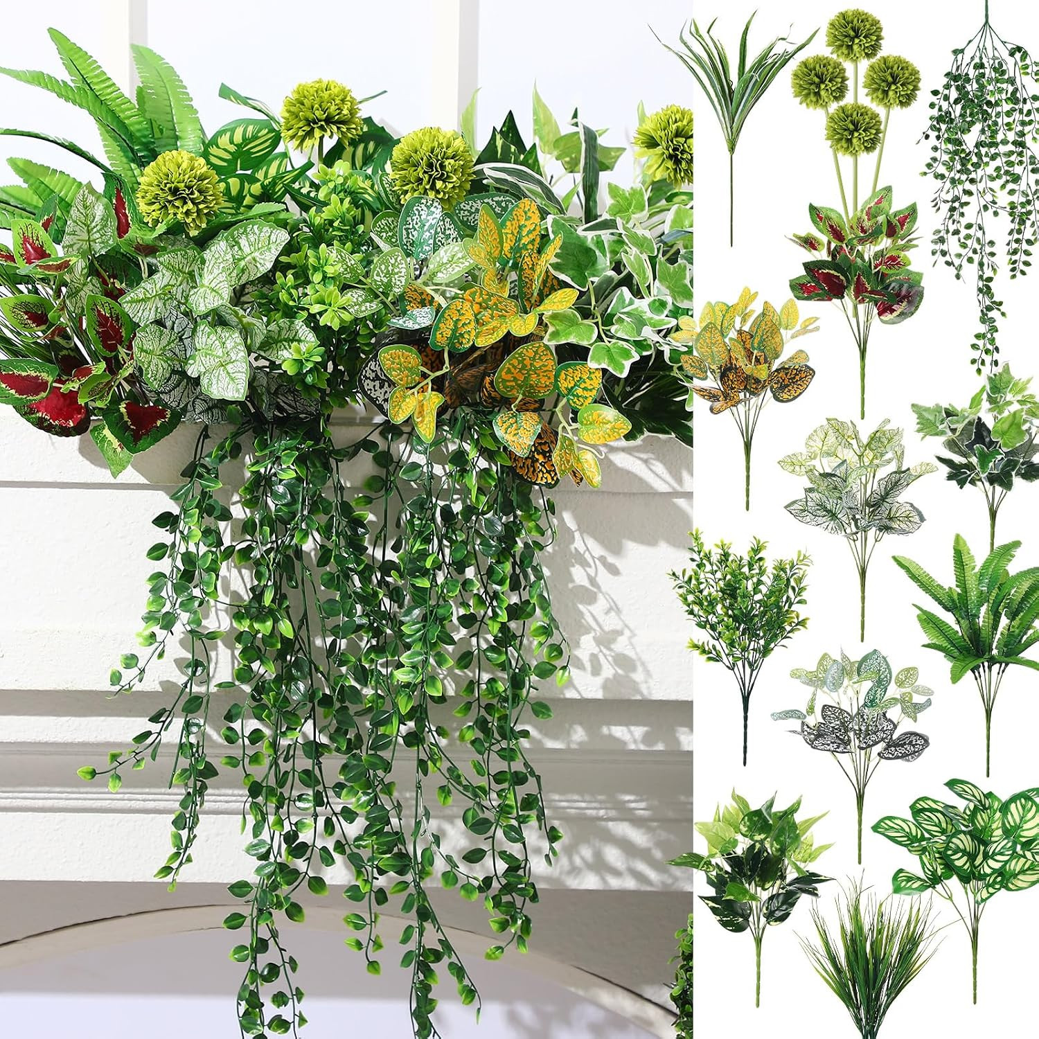 18 Pcs UV Resistant Fake Plants for Outdoor Decor – Greenery Stems & Bushes