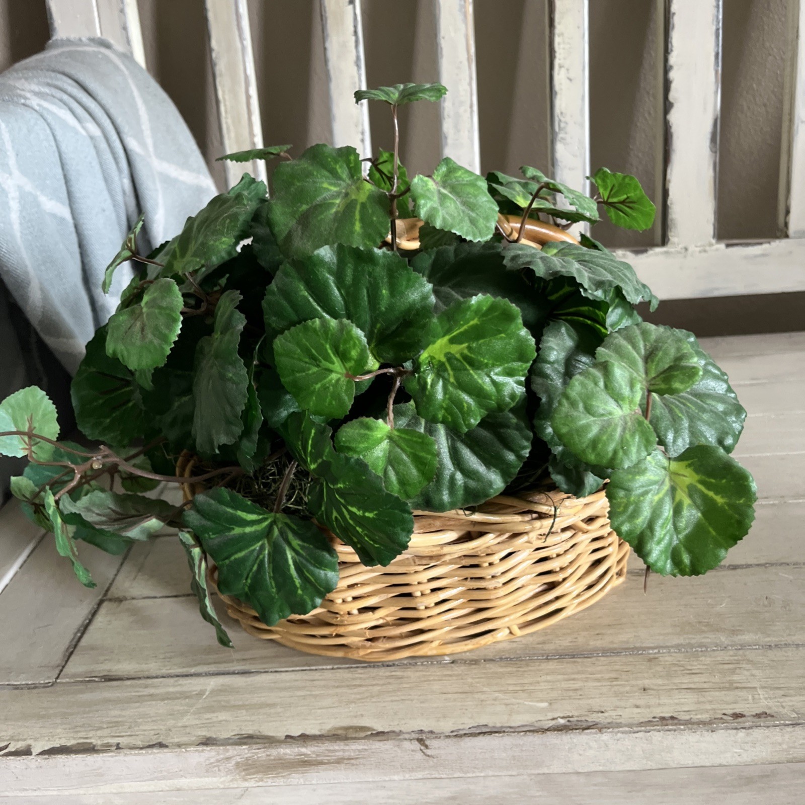 Vintage Faux Artificial Begonia Leaf Plant In Wicker Basket7.5”Tx8.5”Wx6.5”D
