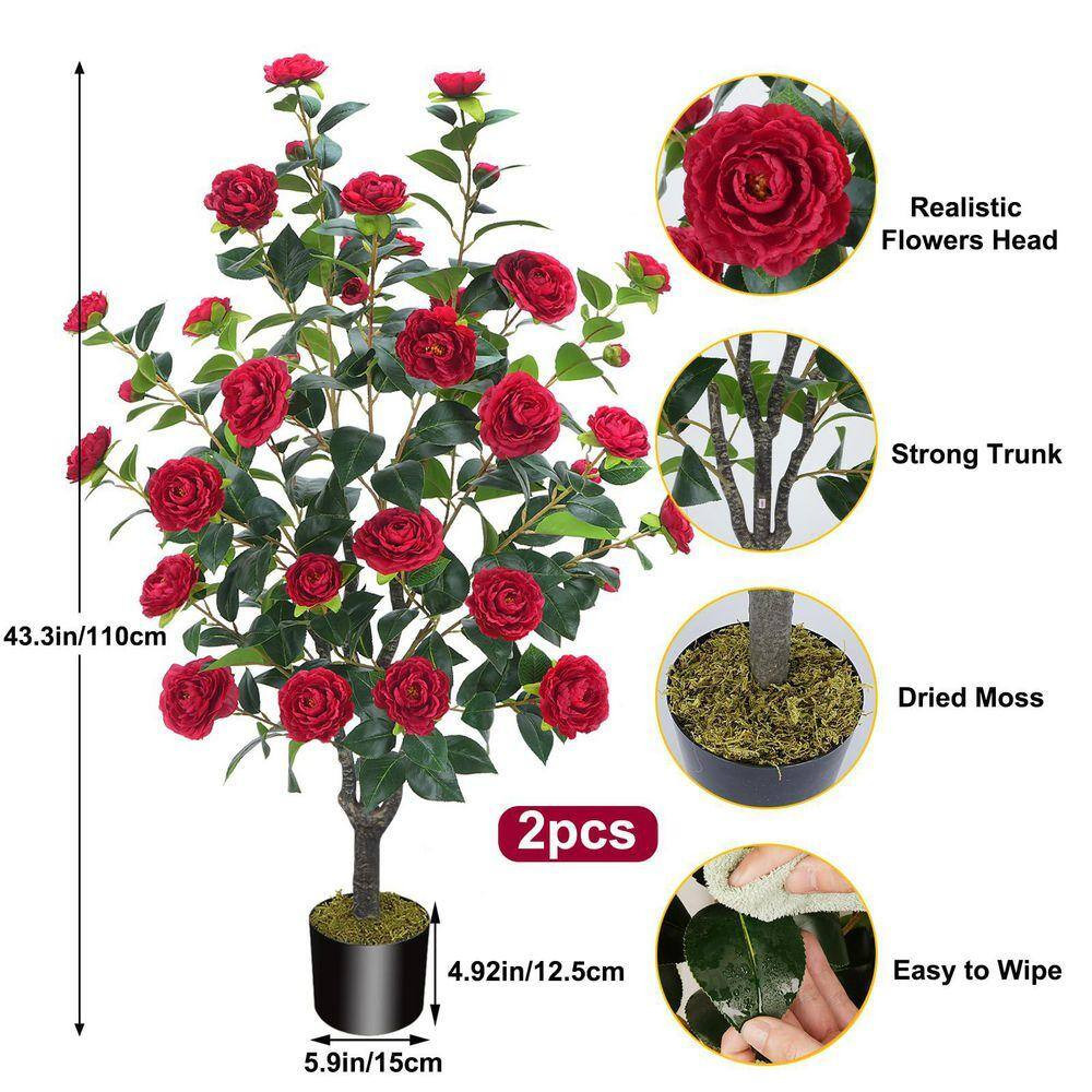 2-Piece 3.6 Ft. Artificial Camellia Tree in Black Pot with 32 Red Flowers and Dr