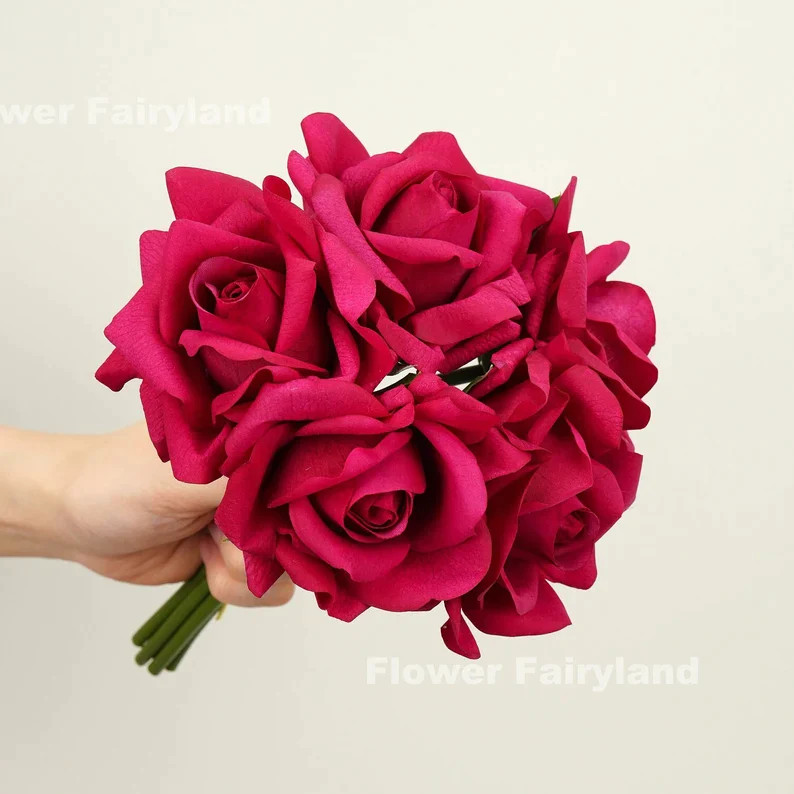 5 Stems Real Touch Moist Latex Rose Bouquet – Magenta | Artificial Flower