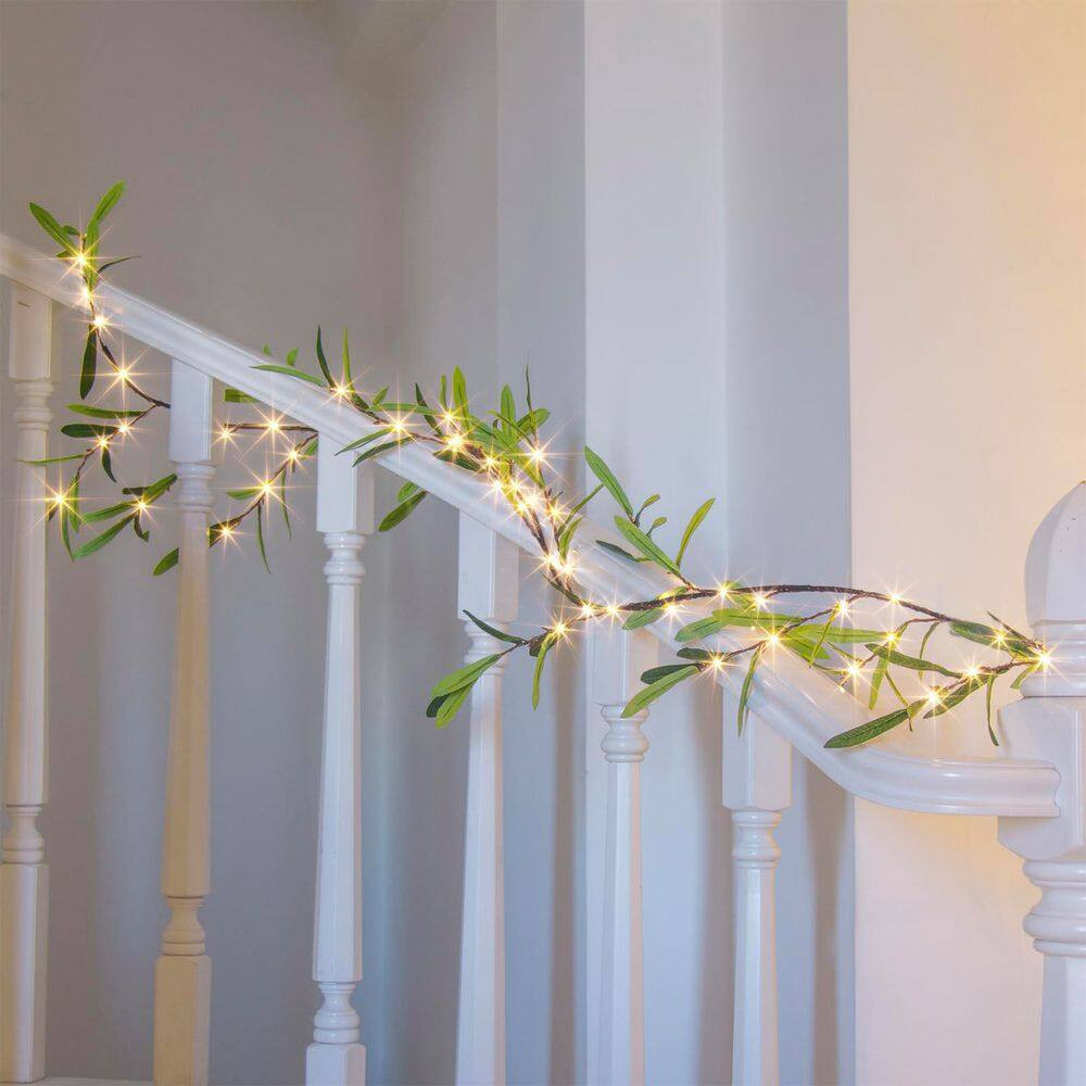 2.13 In. 6 In. Green Artificial Olive Vine Lighted Garland with 72 LED Lights an