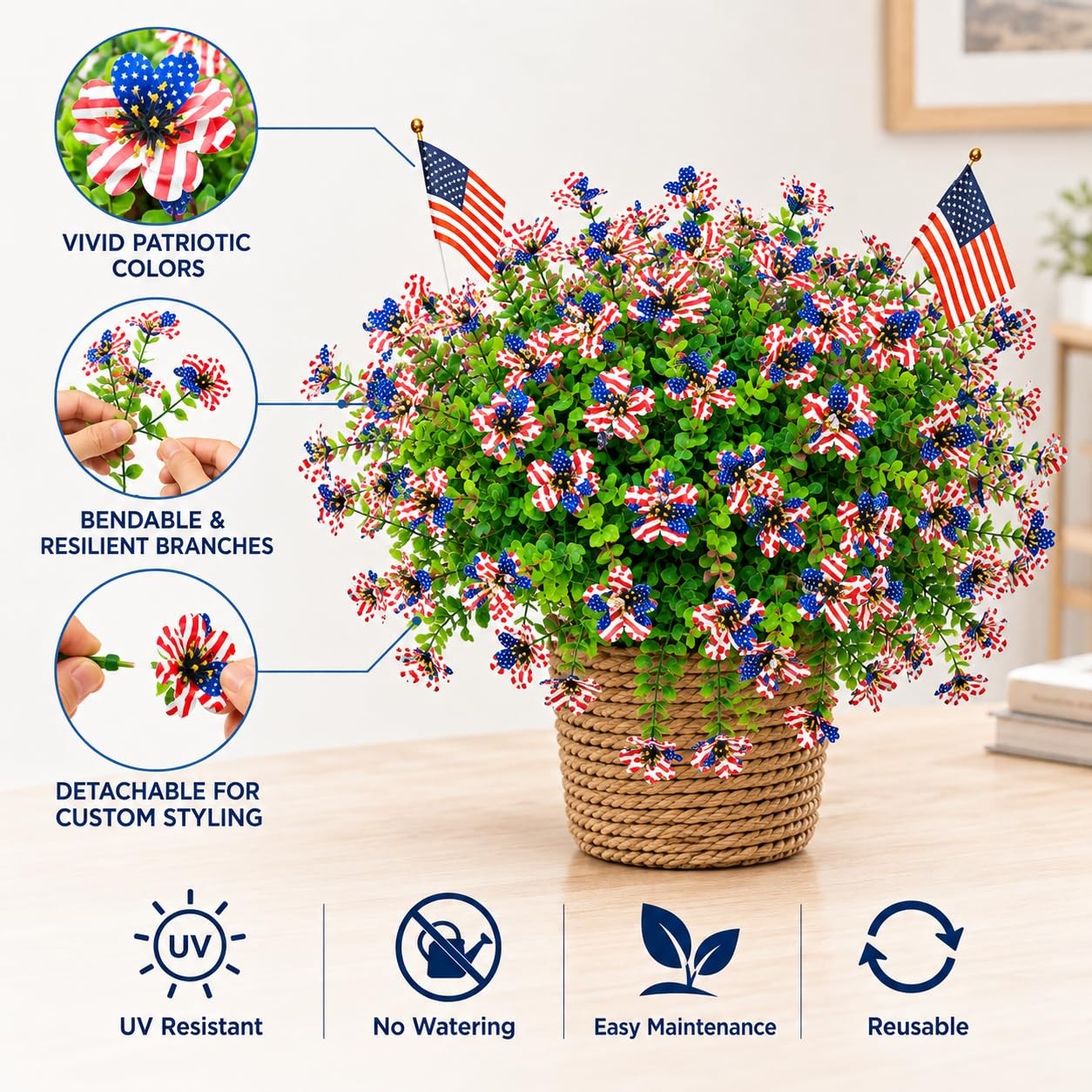 50 Pcs Patriotic Artificial Flowers Independence Day Decor Fake Flowers,UV Re…