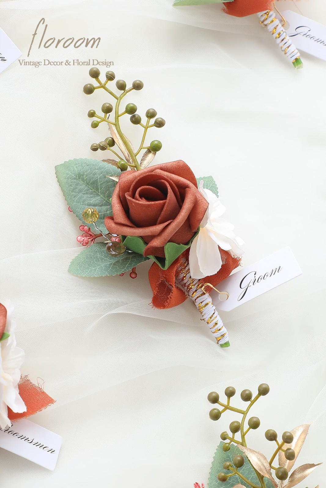 Set of 6 Burnt Orange Terracotta Foam Rose Boutonnieres with Pins for Men Wed…