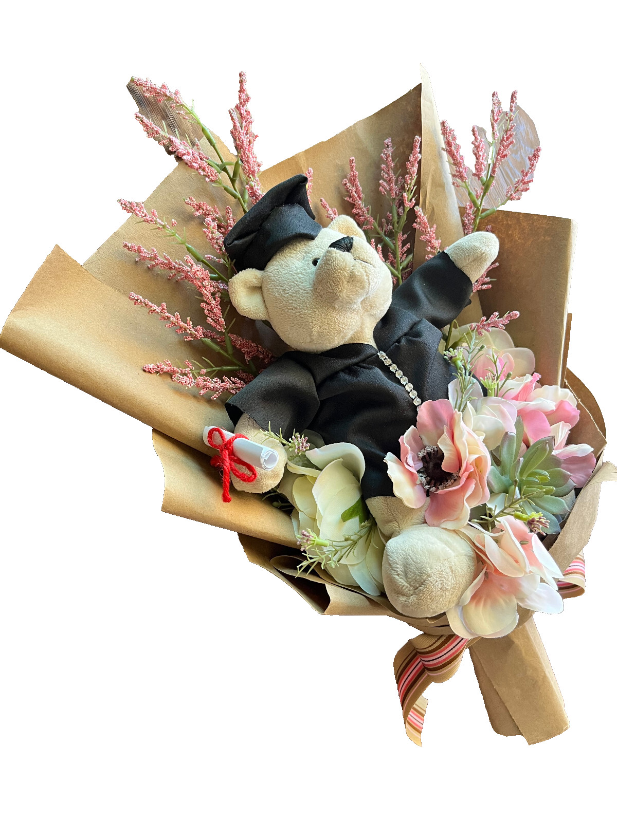 Hand Made Graduation Plush Bear Pink Artificial Flower Bouquet & Matching Ribbon