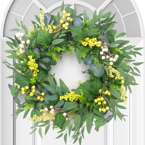 Artificial Green Eucalyptus Wreath for Front Door: 24 Inch 24 inch Beige-1