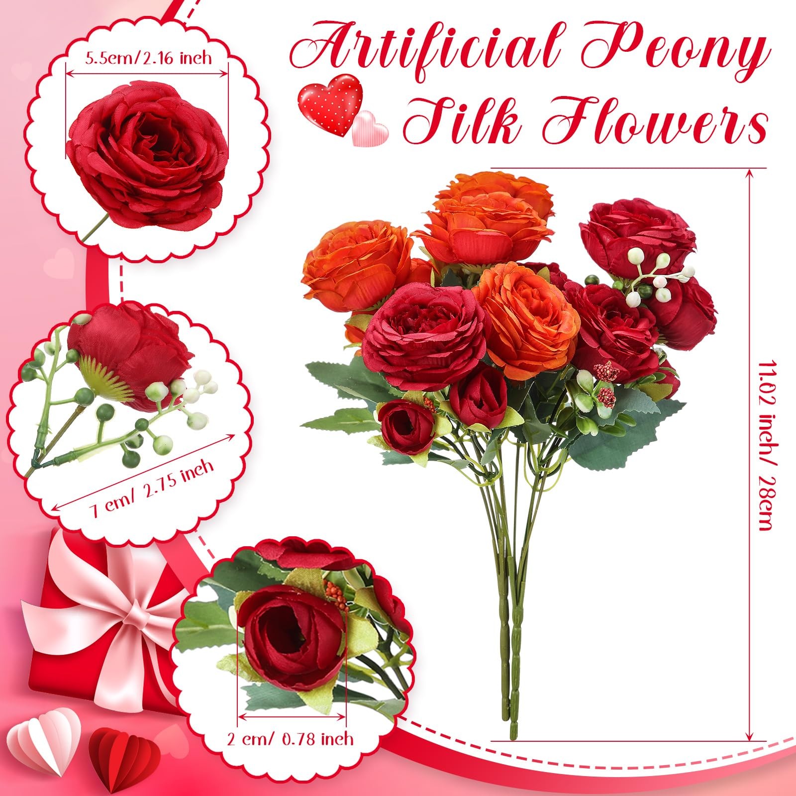 16 PCS Orange Artificial Peonies Flowers Silk Bouquet Faux Floral Arrangement