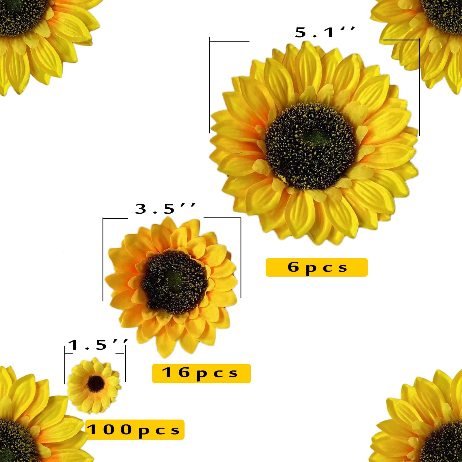 122 PCS Artificial Sunflower Heads Yellow Faux Flower 5.1/3.5/1.5 Inch Decor