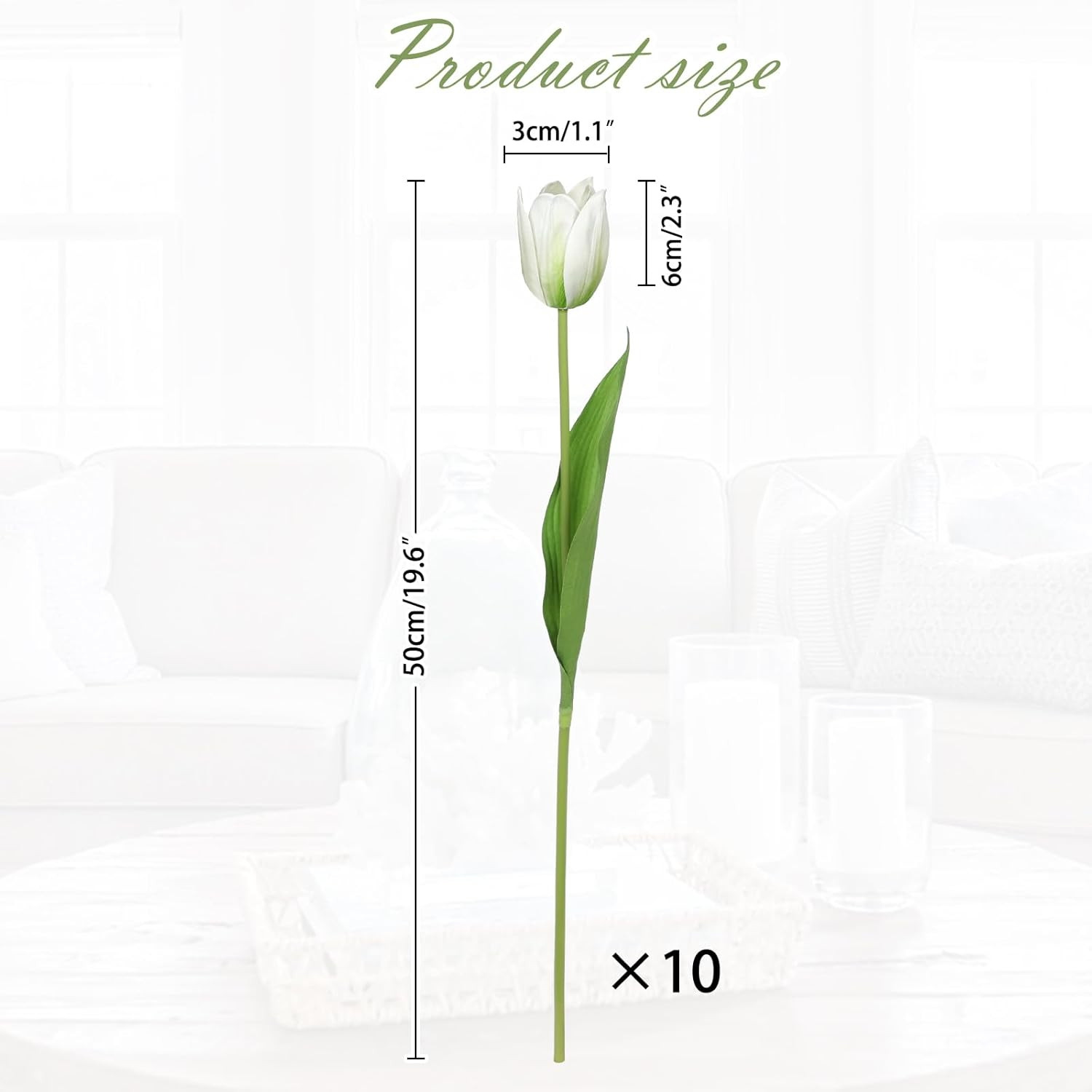 Artificial Tulips Flowers – 20″ Long Stem Faux Tulips, 10PCS Real Touch Fake Whi