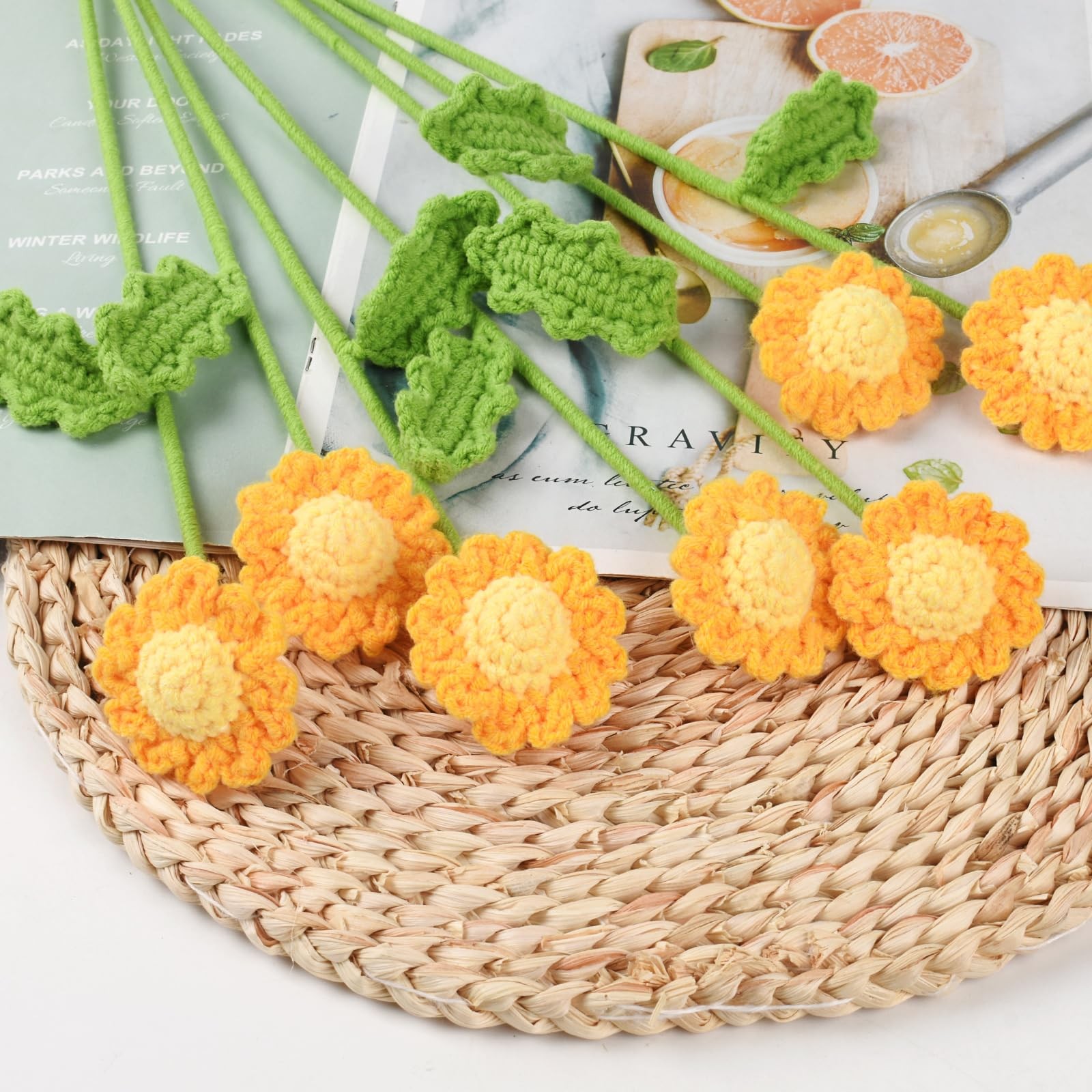 6PCS Crochet Daisy Flower 16.5Inch Knitted Handmade Daisy Flowers Cotton Knit…