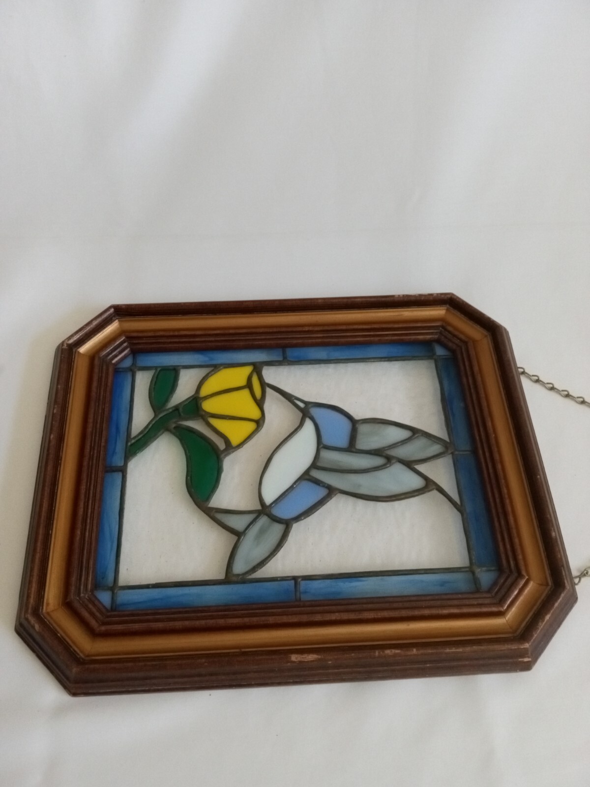 VINTAGE STAINED GLASS HANGING FRAMED ART FLOWER AND BIRD  16 X 12 1/4 IN