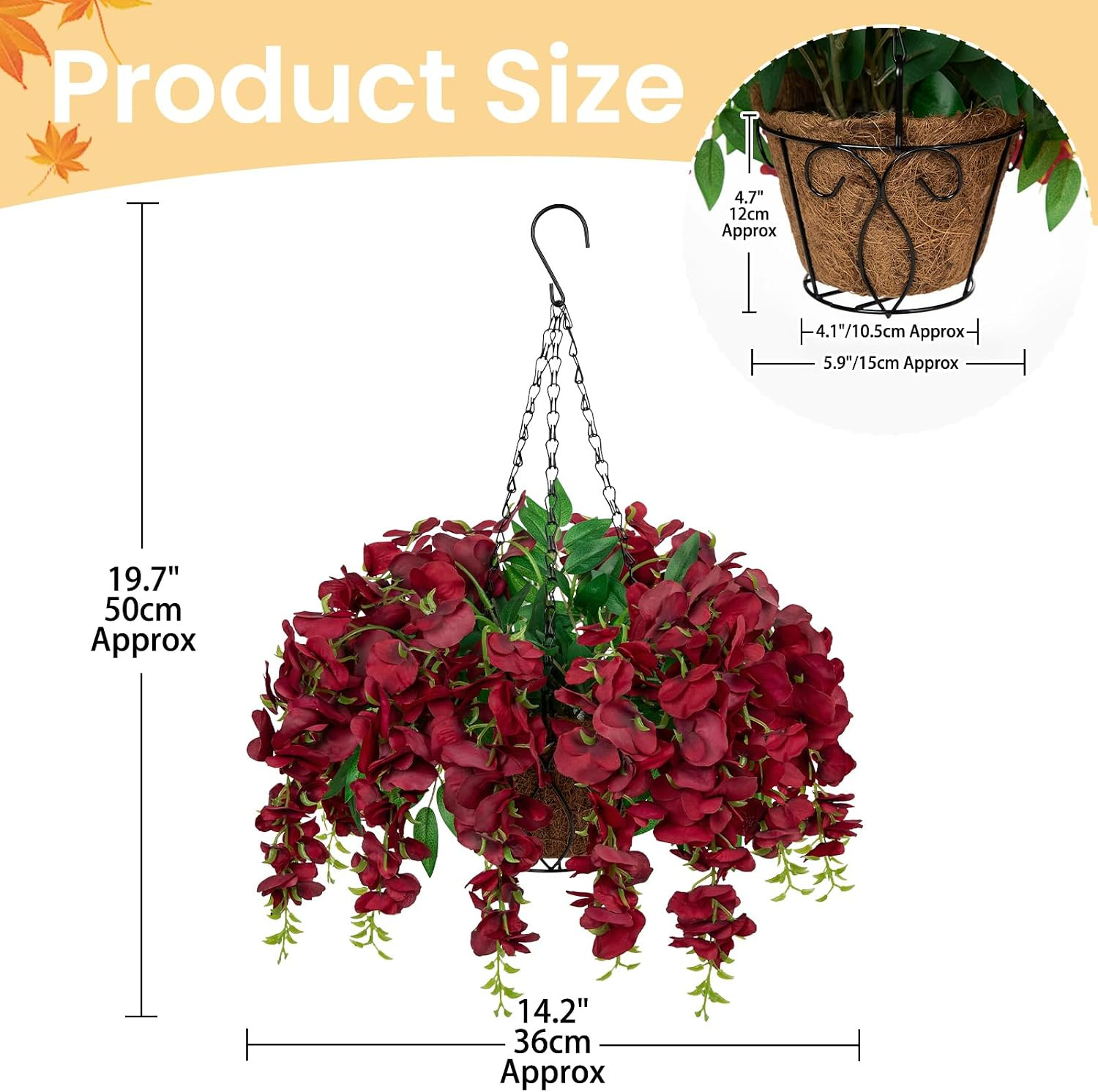 20″ Burgundy Wisteria Flowers in Hanging Basket for Autumn Outdoor Décor