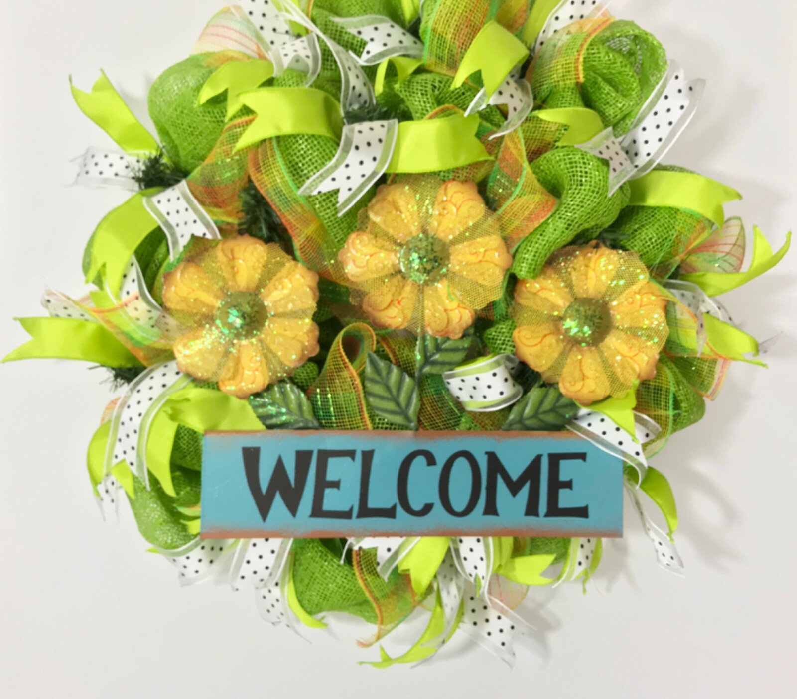 SUMMER WREATH GREEN DECO MESH YELLOW DAISY FLOWERS METAL WELCOME SIGN RIBBONS