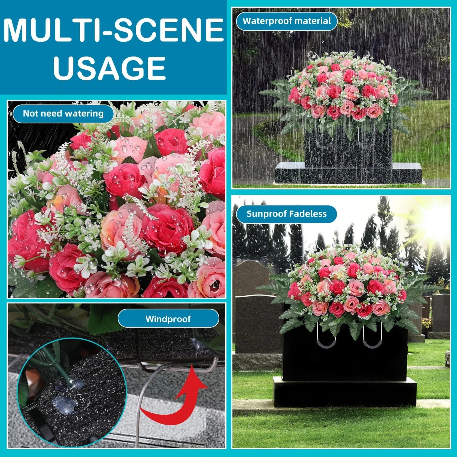Headstone Flower Saddle,Large Artificial Cemetery Flowers for Grave,Cemetery …