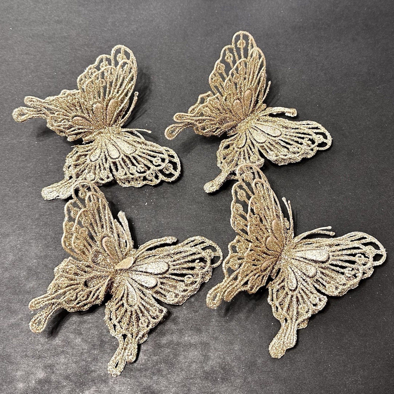 18 Champagne Tinted Glitter Christmas Accents Poinsettias Butterflies & Clips