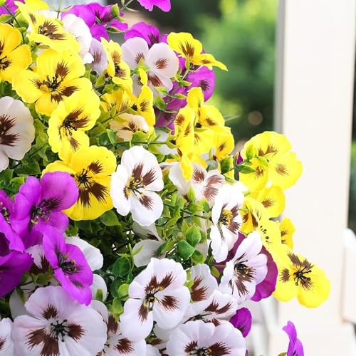 UV Resistant Artificial Pansy Flowers for Outdoors – 20 Purple, Yellow & White