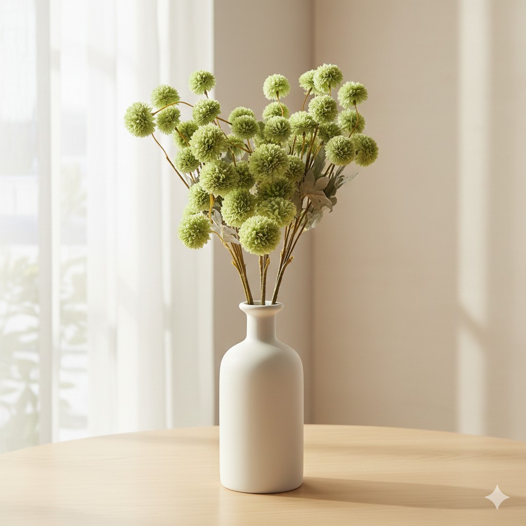 Green Pom Pom Mum Artificial Flowers 9 Stems – Unique Valentine’s Day Gift Decor