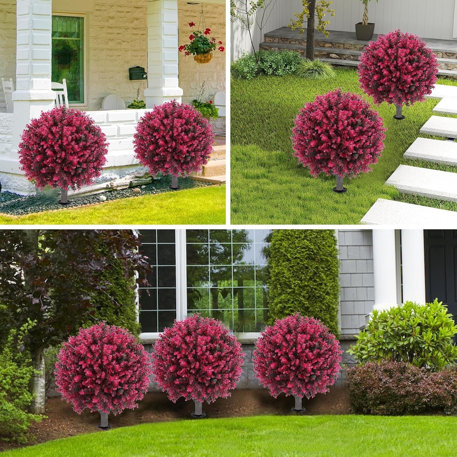 Artificial Red Eucalyptus Topiary Ball Tree 24″ with Ground Spike, Set of 2 A…