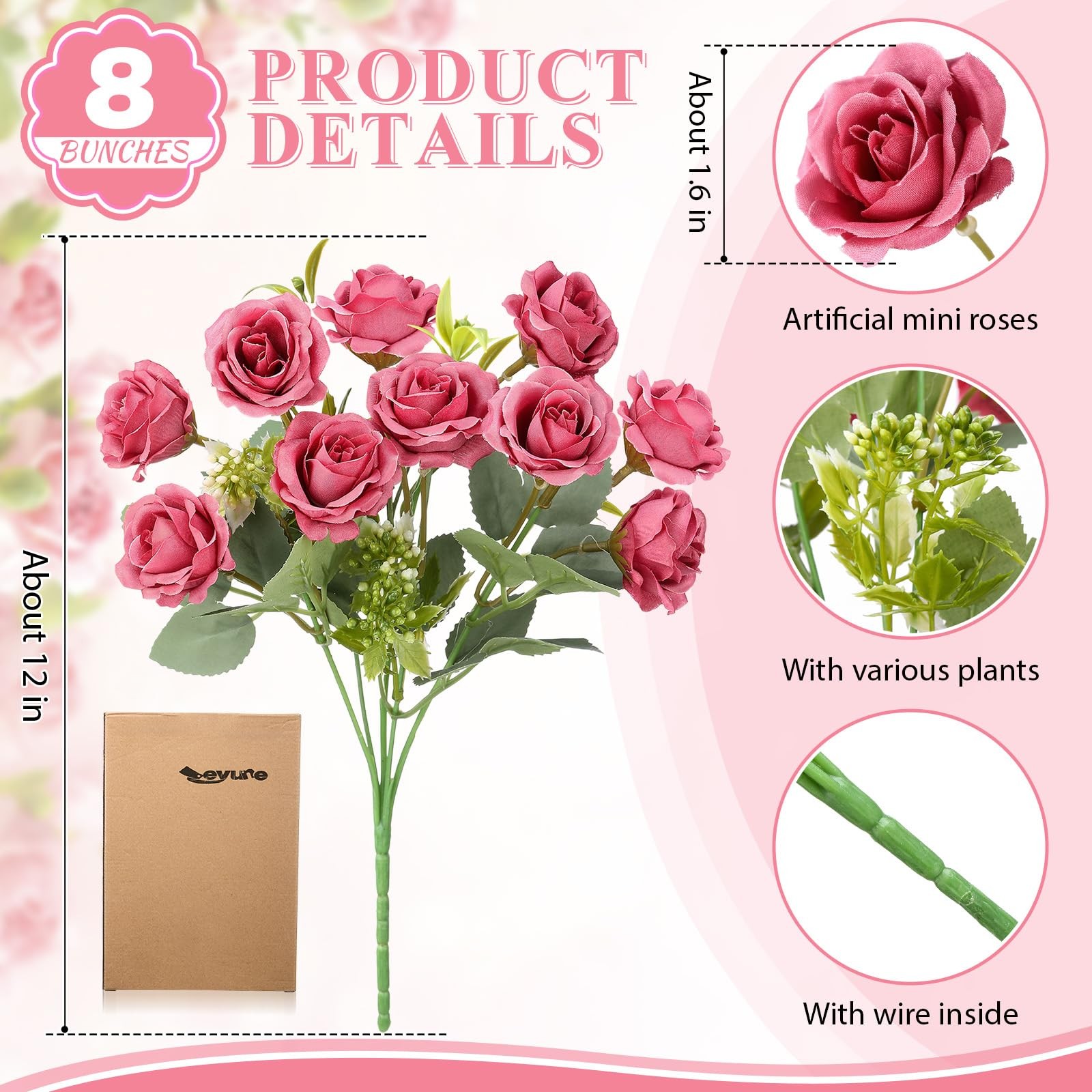 8 Pack Artificial Mini Pastel Pink Roses, 12 Inch Fake Flowers with Stems, 80…