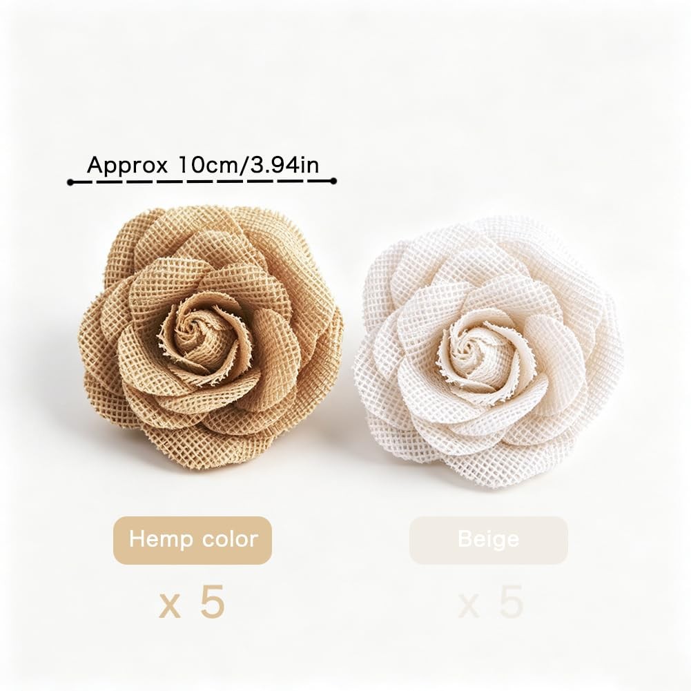 10 PCS Natural Burlap Rose Flowers, 3.94 Inches Large Handmade Rustic Jute Ro…