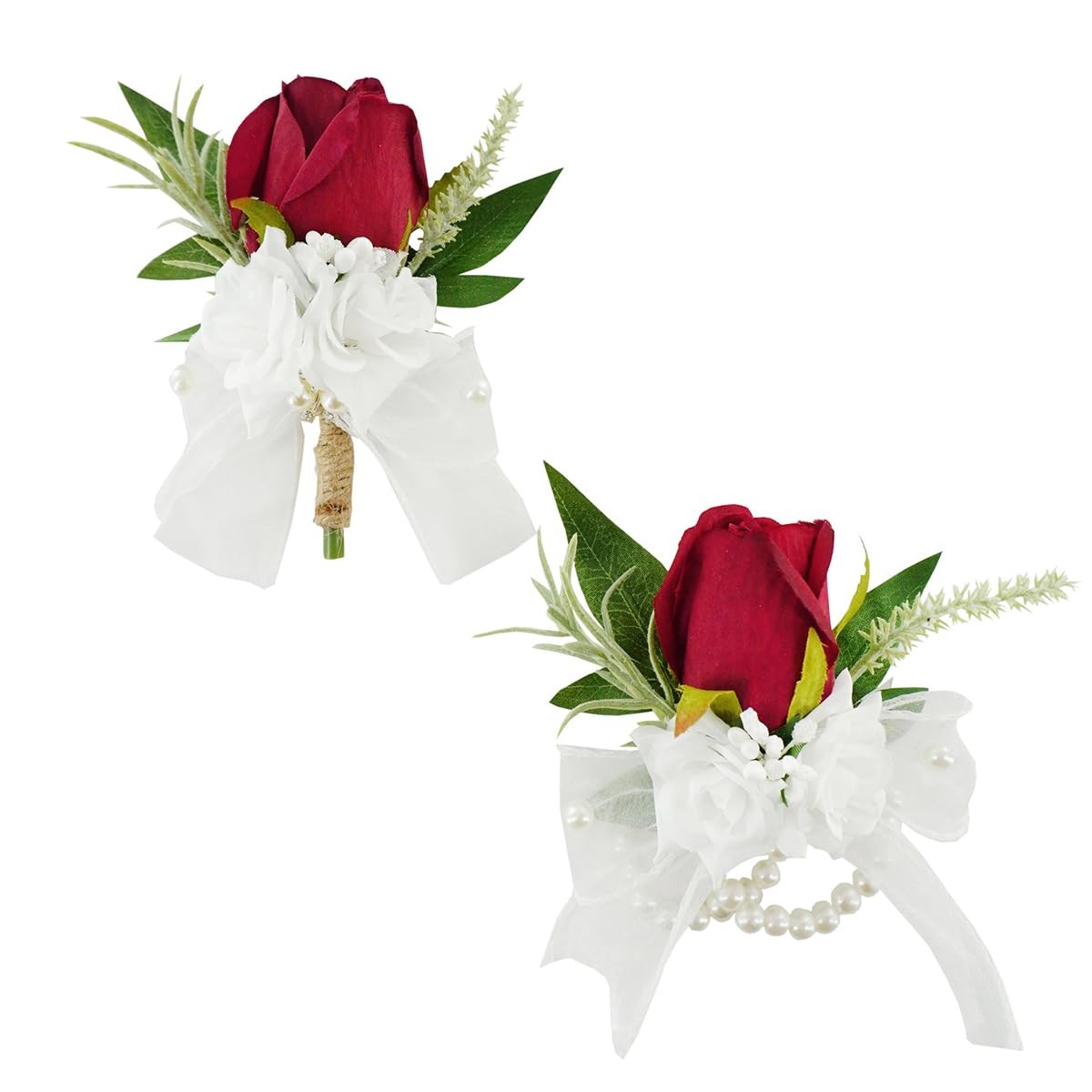 Burgundy Artificial Rose Corsage and Boutonniere Set Wedding Prom Decor