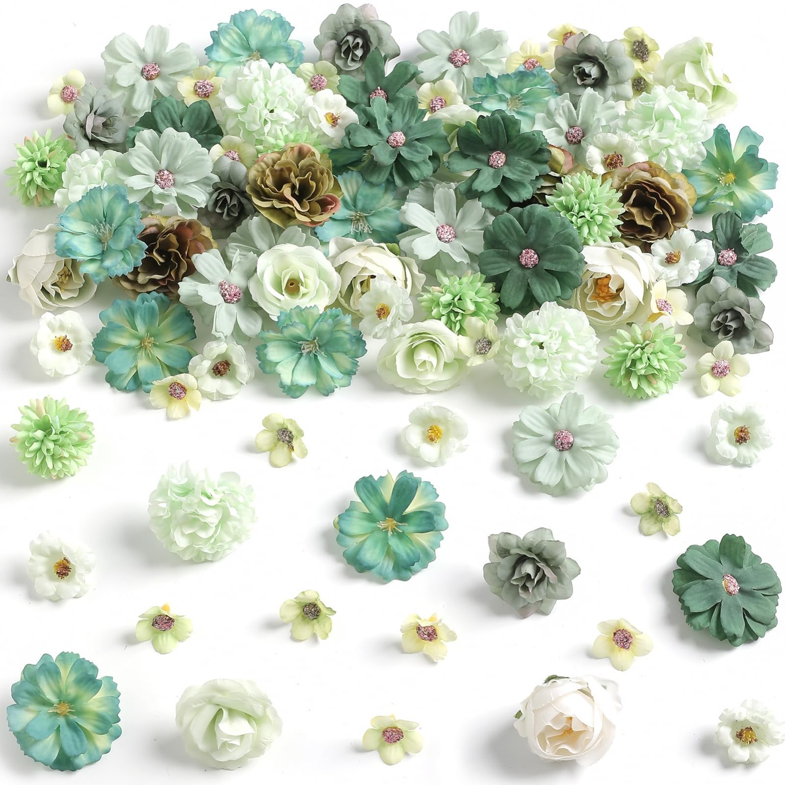 Mini Green Faux Flower Heads – Multicolor Silk Peony, Daisy & Rose for DIY Craft