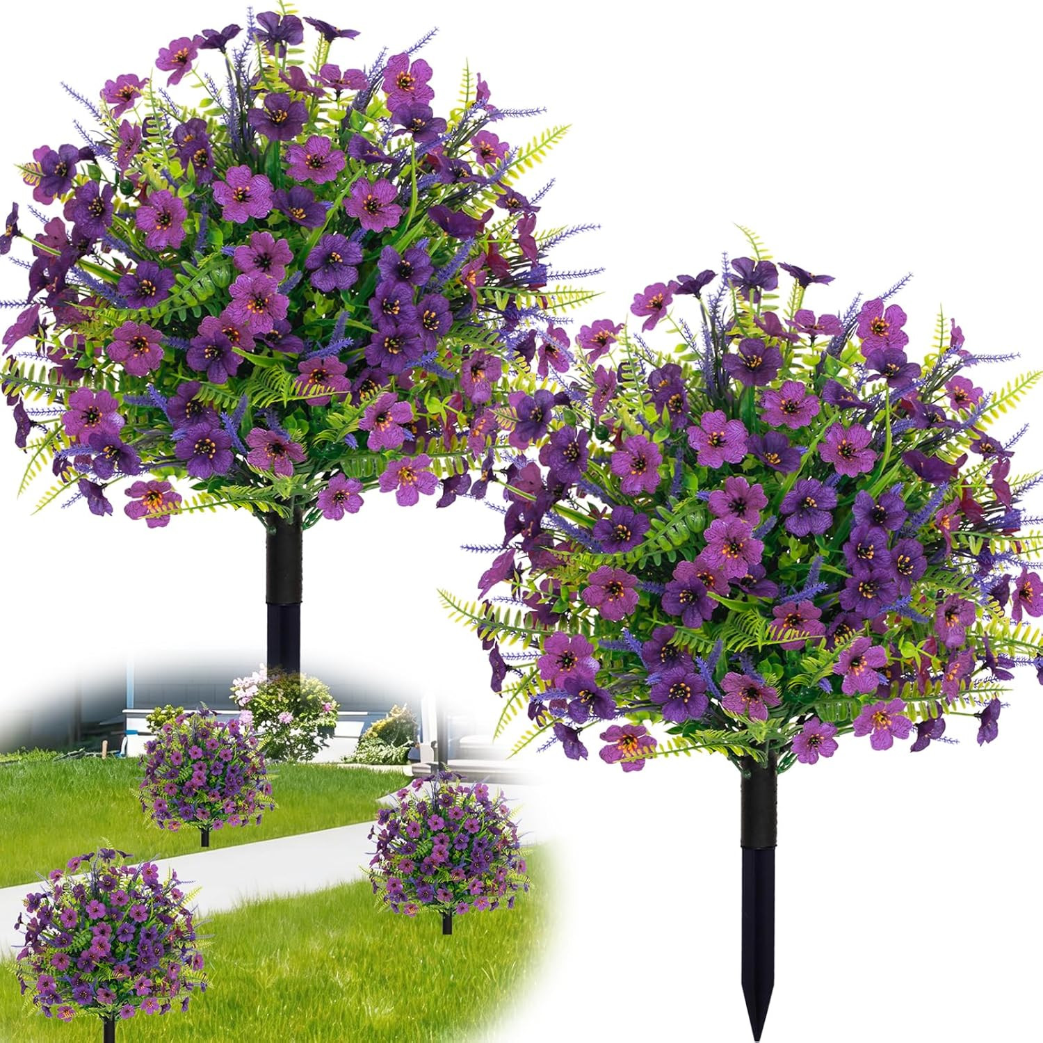 2PACK Artificial Topiary Ball Flowers Boxwood Lavender Plants with Spike,Outdoor