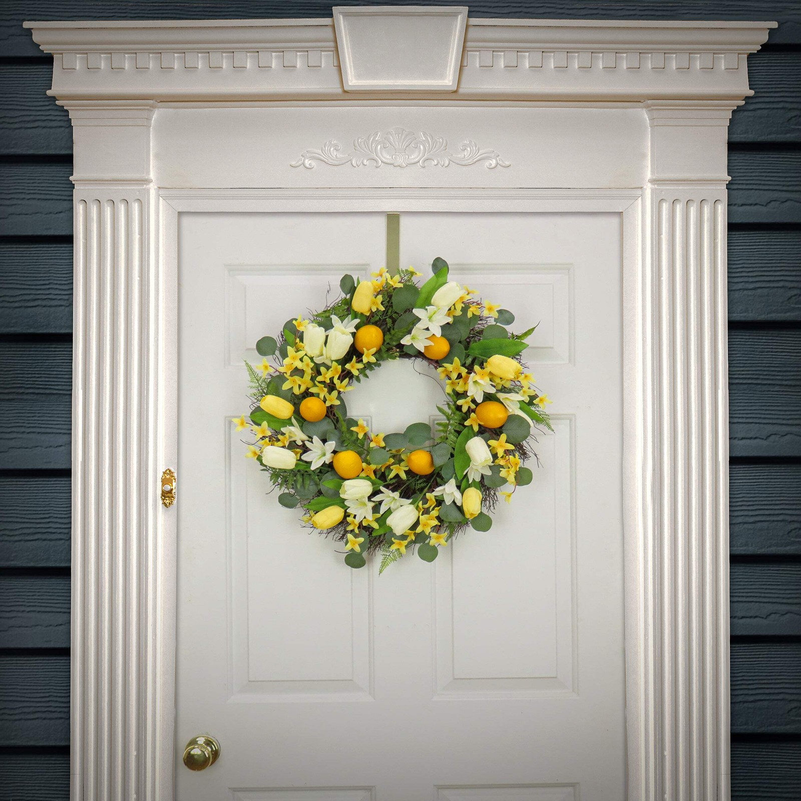 22 in. Spring Wreath with Yellow Tulip Blooms, Lemons, and Forsythia Flower Blos