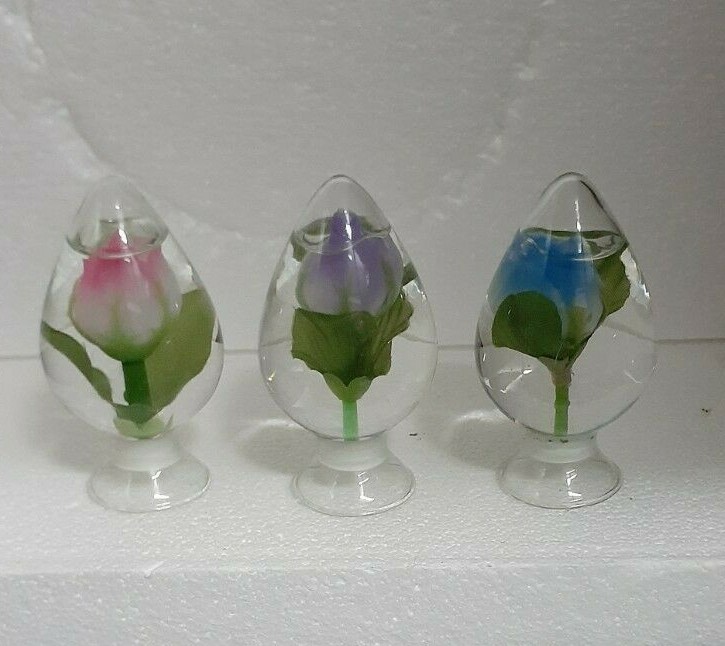 Vintage Eleco Water Globe Set Pink Purple Blue Silk Flower Ornament Taiwan 1970s
