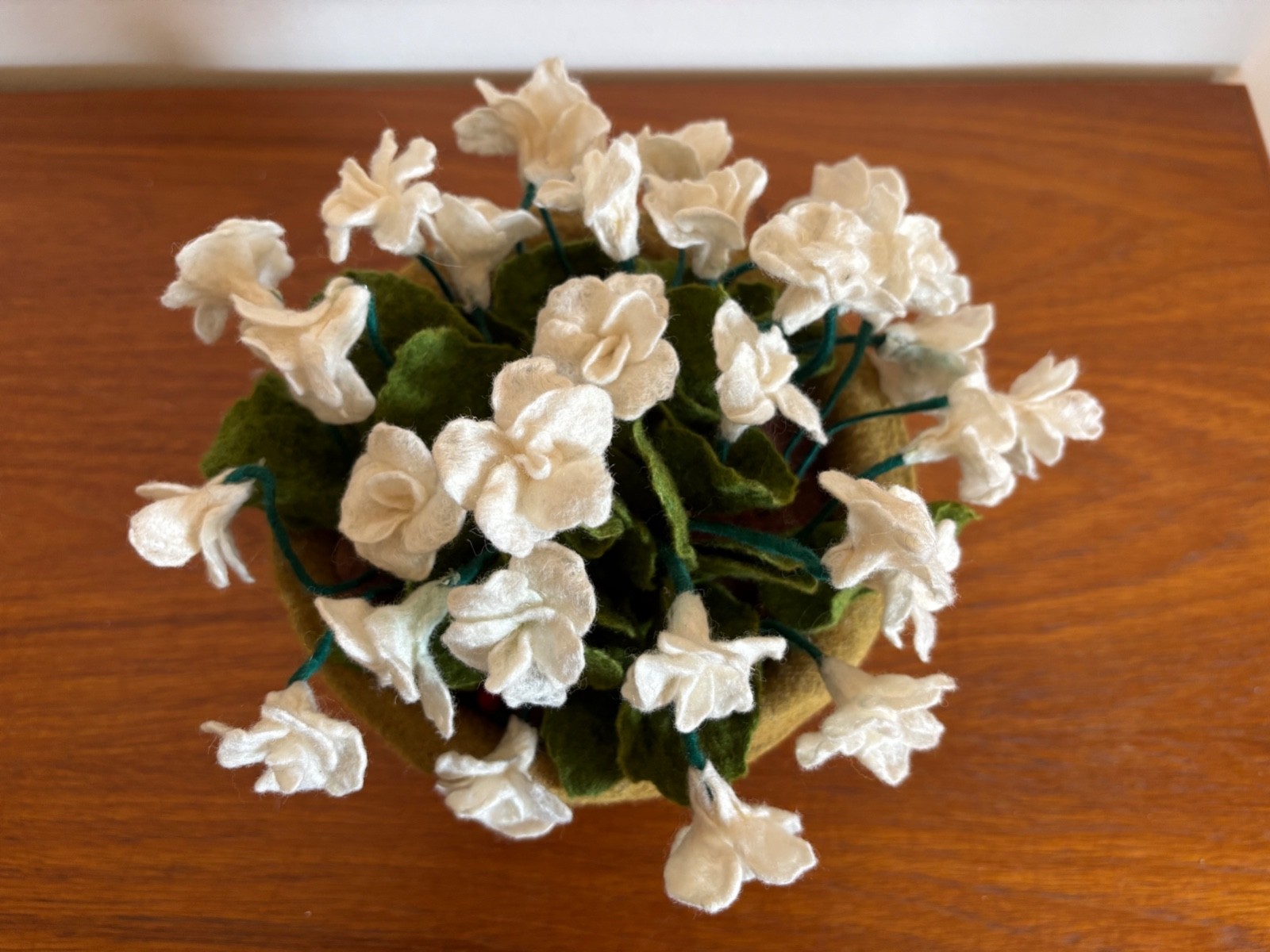 Handmade Hand Felted White Wool Flowers in a Pot for Decoration