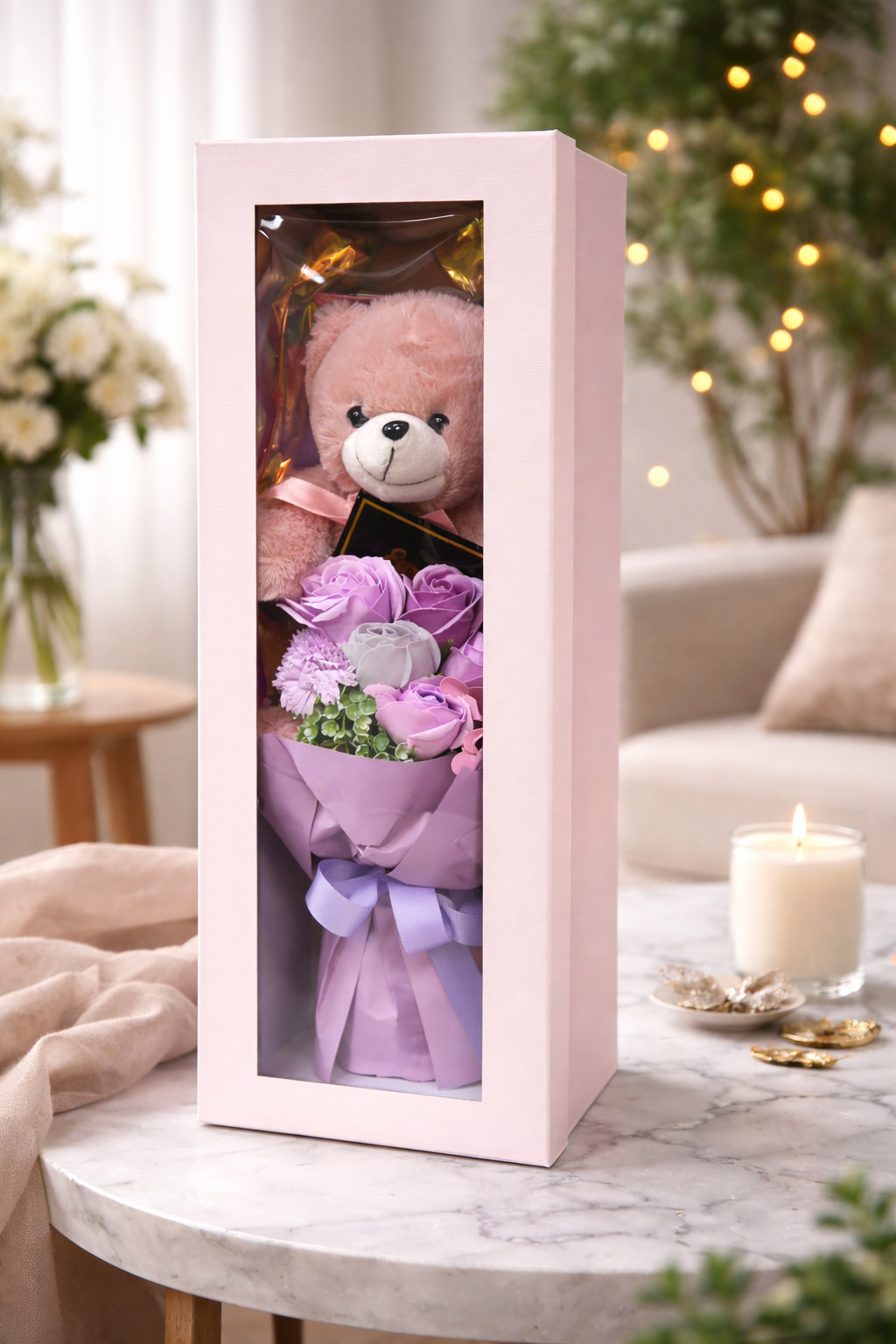 Teddy Bear Rose Flower Lavender Bouquet Gift Box Anniversary Romantic Gift Love